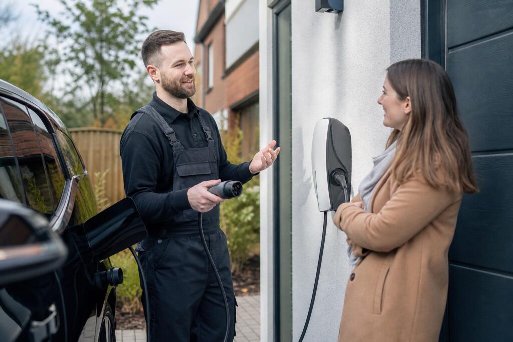 Professional installer in black overalls explaining a wall-mounted EV charger to a woman while holding a charging cable next to a black car.
