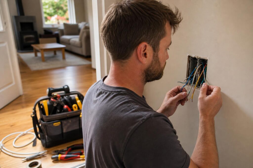Electrician inspecting colorful exposed wires in a wall cutout during a home renovation with a tool bag on the floor.