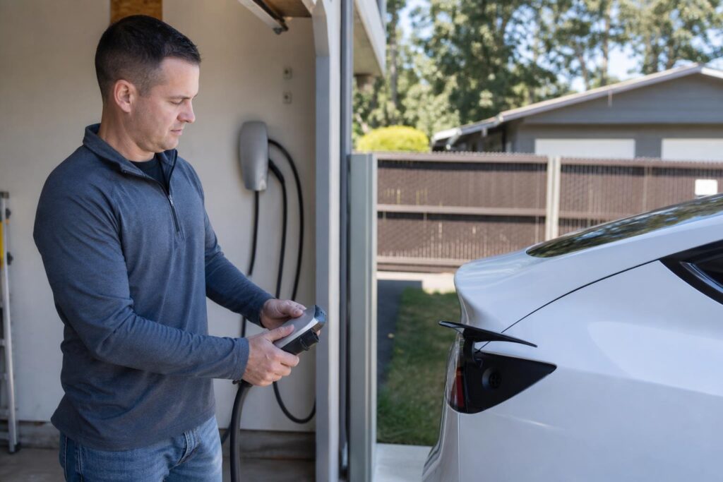 Man holding a Tesla Wall Connector charging cable next to a white Tesla Model 3 parked in a garage.
