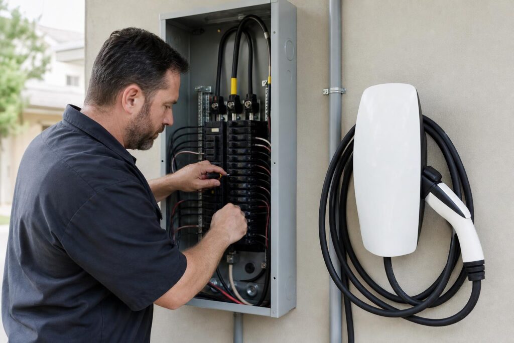 Electrician installing circuit breakers in an open electrical panel next to a wall-mounted white Tesla Gen 3 Wall Connector.