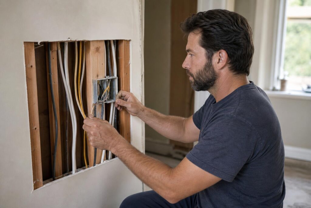 Bearded electrician inspecting and organizing yellow, white, and black wires inside an open wall during a home renovation.