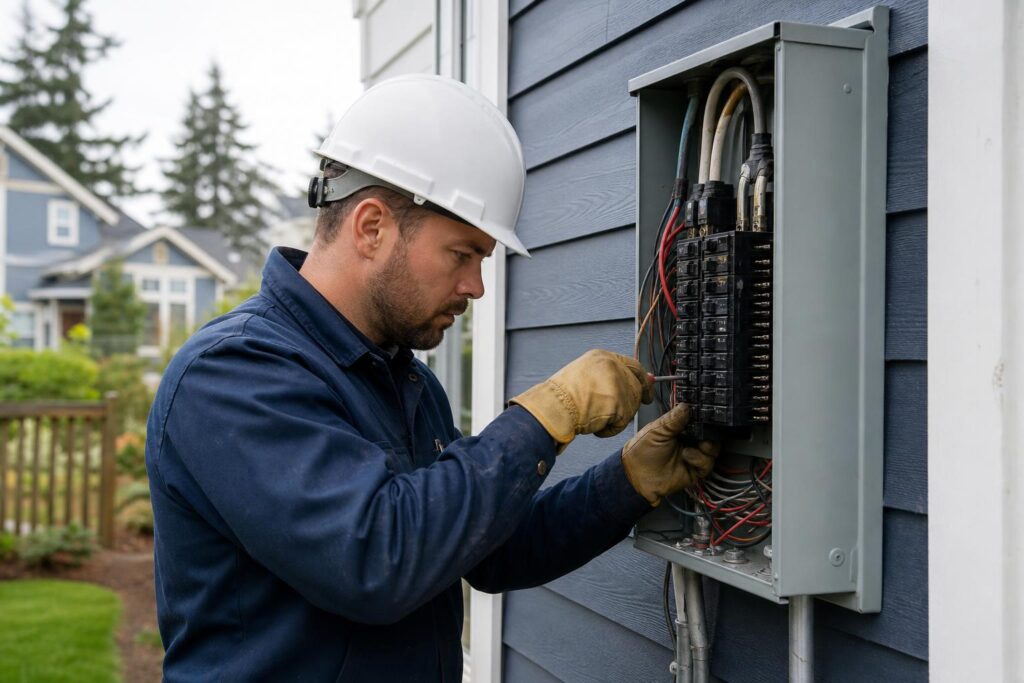 Electrician in a white hard hat and work gloves inspecting an open outdoor electrical panel on a blue-sided house.