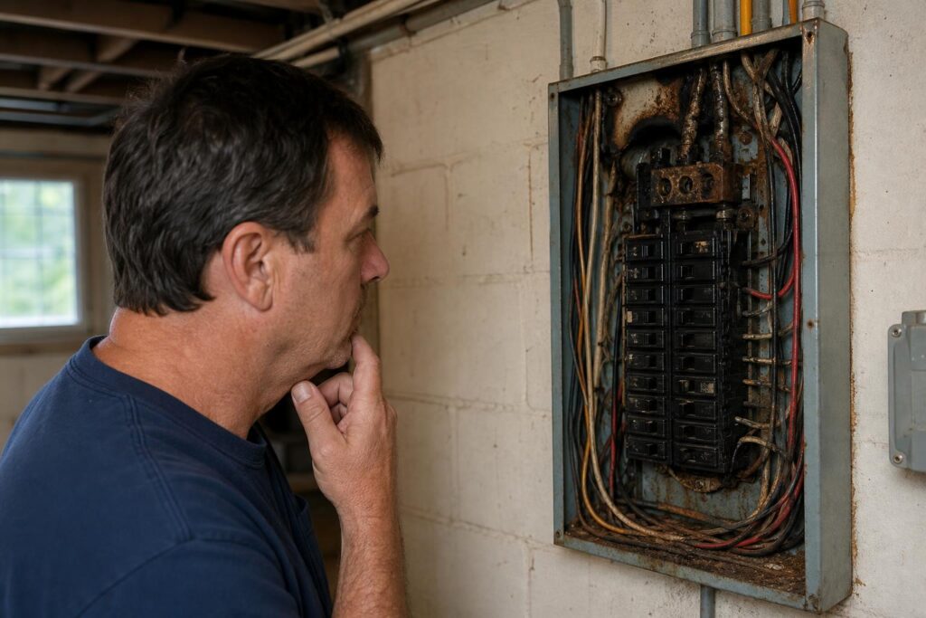 Concerned man inspecting a rusted and charred electrical panel with visible burn marks on a white cinder block wall.