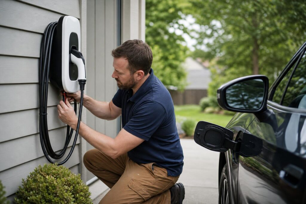 Electrician installing a white wall-mounted EV charger on a home's exterior siding next to a black electric car.
